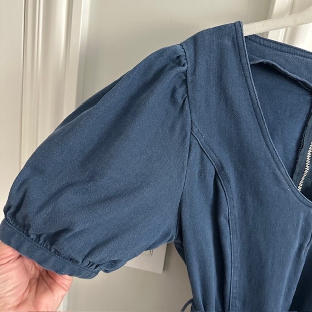 En Saison Puff Sleeve Belted Denim Wide Leg Jumpsuit Medium - Picture 4 of 16